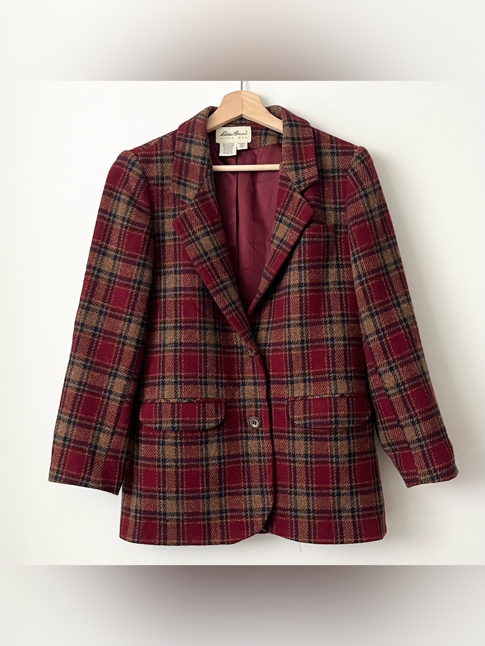 Vintage Eddie Bauer Women's Plaid Tweed Blazer Jacket Burgundy XS Petite Preppy